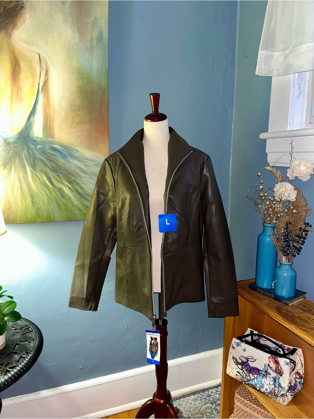New with tags, Kenneth Cole vegan leather jacket. Size L women’s, brown.